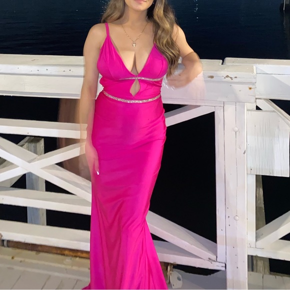 Hot Pink V Neck Plunge Embellished Mermaid Prom Dress - Picture 3 of 6